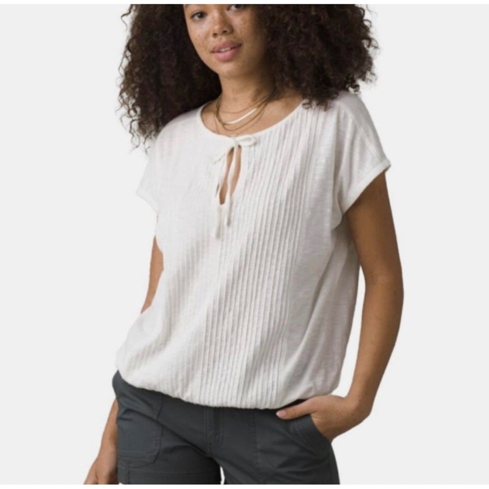 Prana Womens Ocupas Popover XS Short Sleeve Top White Pintuck Keyhole Slub Knit